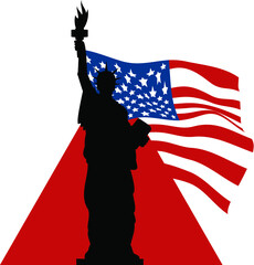 Black Statue of Liberty on red pyramid and USA flag background.