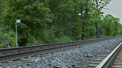 High quality closeup picture of a railway and forest close to it on a background. Empty railway.