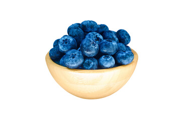 Selected blueberries in a wooden bowl isolated on white background
