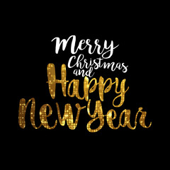 merry christmas and happy new year greeting card with golden lettering, illustration isolated on black