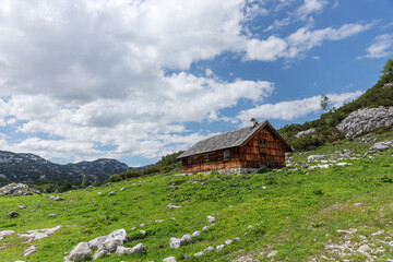 Wooden hut on the austrian mountainsin the region Salzkammergut. Austria