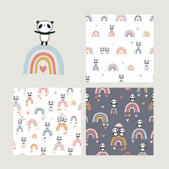 Set of cool seamless pattern for kids textile, wallpapers, gift wrap and scrapbook. Hand drawn cute pandas on rainbows. Vector illustration.	