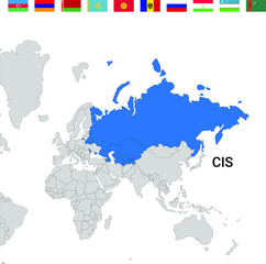 Fototapeta na wymiar Map of the Commonwealth of Independent States (CIS) with flags