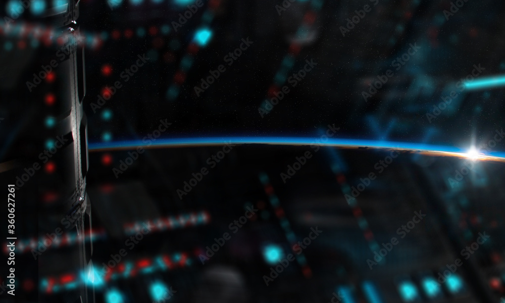 Poster view of planet earth horizon from a space station window during a sunrise 3d rendering elements of t