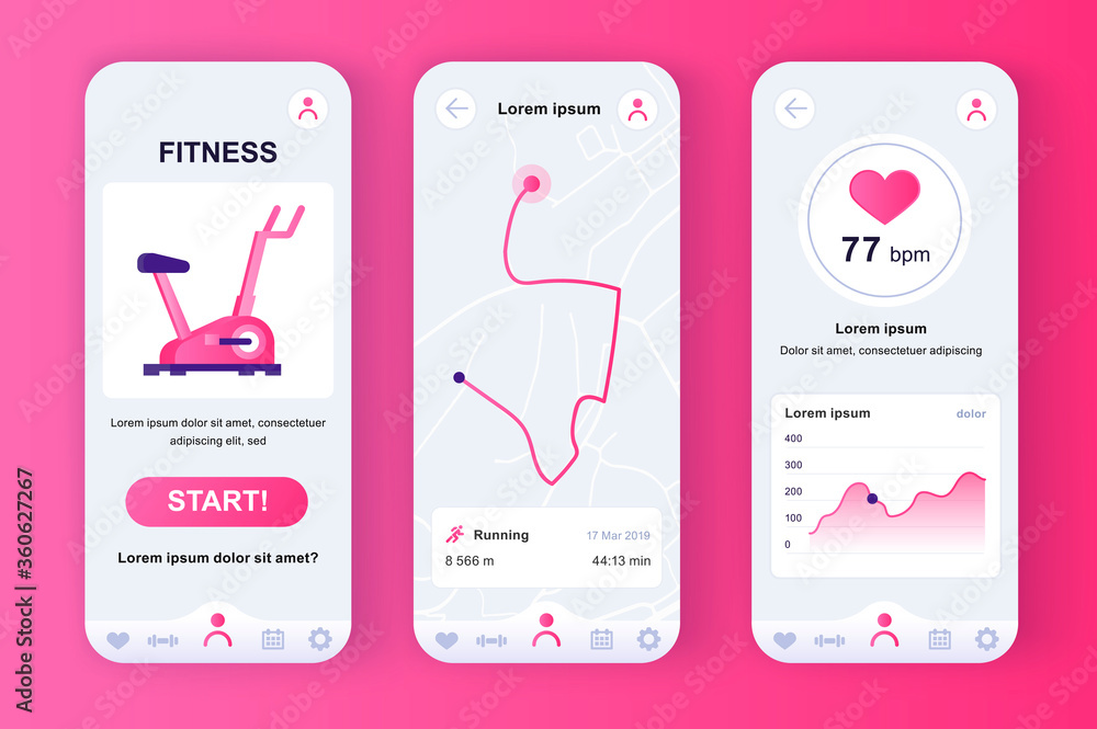 Leinwandbilder fitness workout unique neomorphic pink design kit for mobile app. fitness tracker with running route