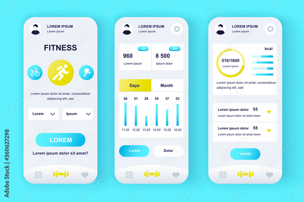 Poster Fitness workout unique neomorphic design kit. Personal trainer app with activity analytics, strength and cardio training. Sport activity UI, UX template set. GUI for responsive mobile application.
