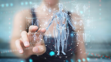 Fototapeta na wymiar Woman using digital x-ray human body holographic scan projection 3D rendering