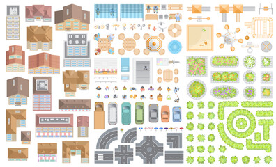 Set of landscape elements. Houses, architectural elements, furniture, plants. Top view. Road, cars, people, furniture, houses, playground, flowerbed. View from above. 