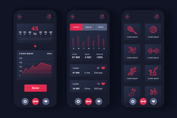 Fitness workout unique neomorphic design kit for app. Choice of fitness program, health monitoring and current activity level. Sport planner UI, UX template set. GUI for responsive mobile application.
