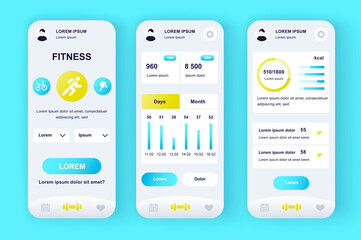 Fitness workout unique neomorphic design kit. Personal trainer app with activity analytics, strength and cardio training. Sport activity UI, UX template set. GUI for responsive mobile application.