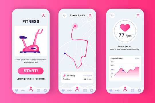 Fitness workout unique neomorphic pink design kit for mobile app. Fitness tracker with running route planner and heart rate monitor. Sport UI, UX template set. GUI for responsive mobile application.