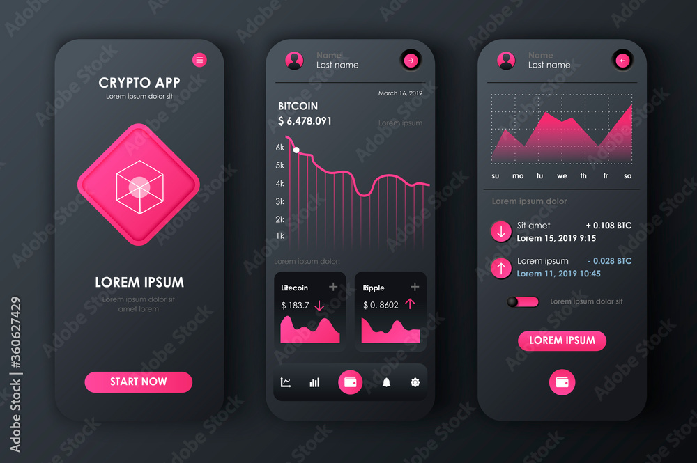 Poster cryptocurrency unique neomorphic design kit for app. bitcoin mining screens with charts and financia
