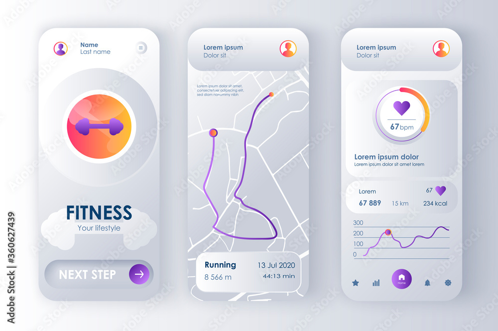 Poster Fitness monitor unique neomorphic design kit for app. Personal tracker with running route on map, activity analytics, heartbeat rate. Sport UI, UX template set. GUI for responsive mobile application.