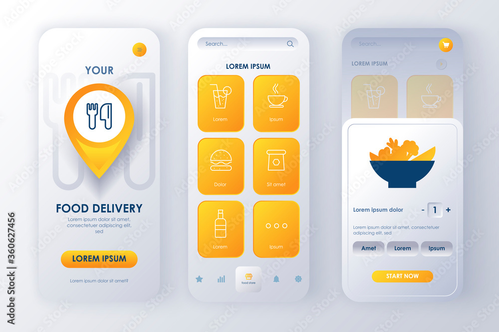 Poster delivery food unique neomorphic design kit for app. online food order service with restaurant menu a