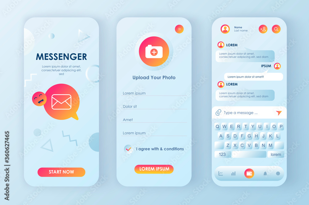 Leinwandbilder online messenger unique neomorphic design kit for app. social network texting service with user prof