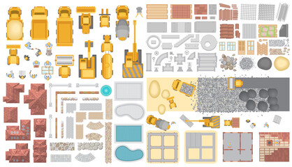 Vector set. Construction. Top view. Construction machinery, building materials, buildings. View from above.