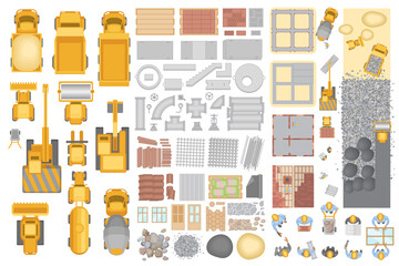 Vector set. Construction. Top view. Construction machinery, building materials, buildings. View from above.