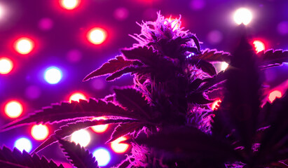 Bottom view up of indoor growing of Sativa or Indica cannabis leaves and flowers under infrared LED lights.