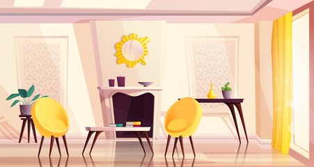 Luxury living room interior in modern style with yellow armchairs, table, fireplace, a window and a curtain. Cartoon vector illustration.