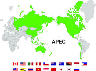 Map of world with apec countries and flags
