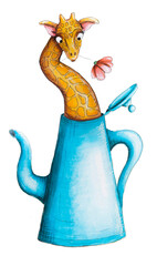 Funny giraffe with flower sticked in a blue kettle. Markers illustration