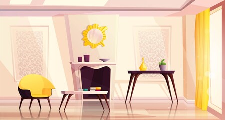 Luxury living room interior in modern style with yellow armchairs, table, fireplace, a window and a curtain. Cartoon vector illustration.