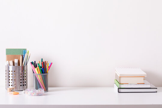 School Desk In Modern Style On White Background.