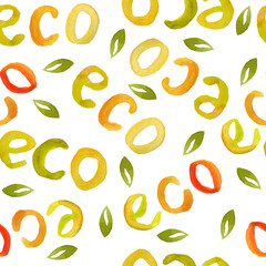 Watercolor hand drawn seamless pattern for food packaging with words eco lettering letters. For organic healthy ecological concept, natural food labels. Illustration design in orange red yellow green