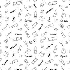 Black and white pattern with womencosmetics in doodle style. Bottle with nail polish, lipstick, jar of cream, handwritten inscriptions.  line art style. Design for textiles, scrapbooking, packing, 