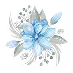 Botanical arrangement of a blooming blue Magnolia on a white background Flower arrangement bouquet flowers leaves branches