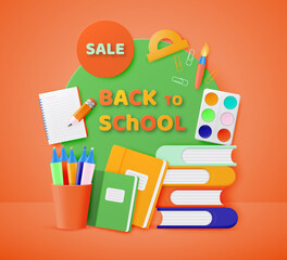 Back to school. Set of colorful school supplies and items. Sale for shopping. Vector illustration.