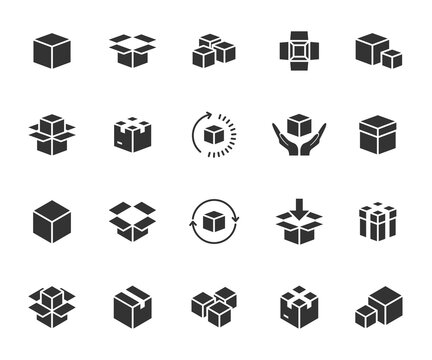 Vector set of box flat icons. Contains icons packaging, product, open box, parcel, product loading, delivery time, product return and more. Pixel perfect.