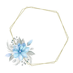 Geometric gold frame with flower arrangement Blue Magnolia bouquet with leaves and branches isolated on a white background