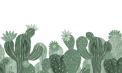 Banner Cactuses hand-painted illustration on white background Exotic desert plant. Inroom plant for home decor