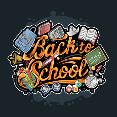 BACK TO SCHOOL TYPOGRAPHY WITH BOOK, PENCILS, BACKPACK, CALCULATOR, AND ANOTHER EQUIPMENT FOR SCHOOL. ARTWORK WITH EDITABLE LAYERS VECTOR