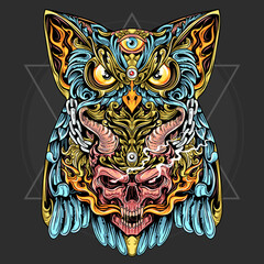OWL AND SKULL WITH HORN AND FIRE ORNAMENT, THE ORNAMENT VINTAGE LOOK WITH GOLD LEAF. ARTWORK IS EDITABLE  LAYERS VECTOR