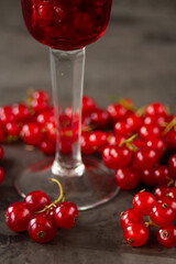 Red currant in a shot glass, the rest is scattered around it on a gray textured background
