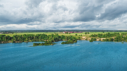 Aerial panorama of a suburban reservoir. Leningrad region. Russia