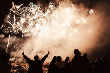 Fototapeta premium silhouette of joyful people on the background of colorful fireworks with big explosions