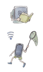 Watercolor illustration, ideas for book illustration, for stickers, for souvenir and children`s products. Humanization, a smartphone with a backpack and a battery.