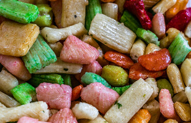 A bunch of Japan mix sweet,  Selective focus, Selective focus on subject, background blur .