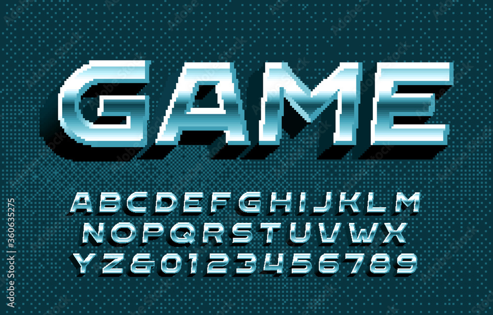 Fototapete game alphabet font. 3d pixel metallic letters and numbers. pixel background. 80s arcade video game t