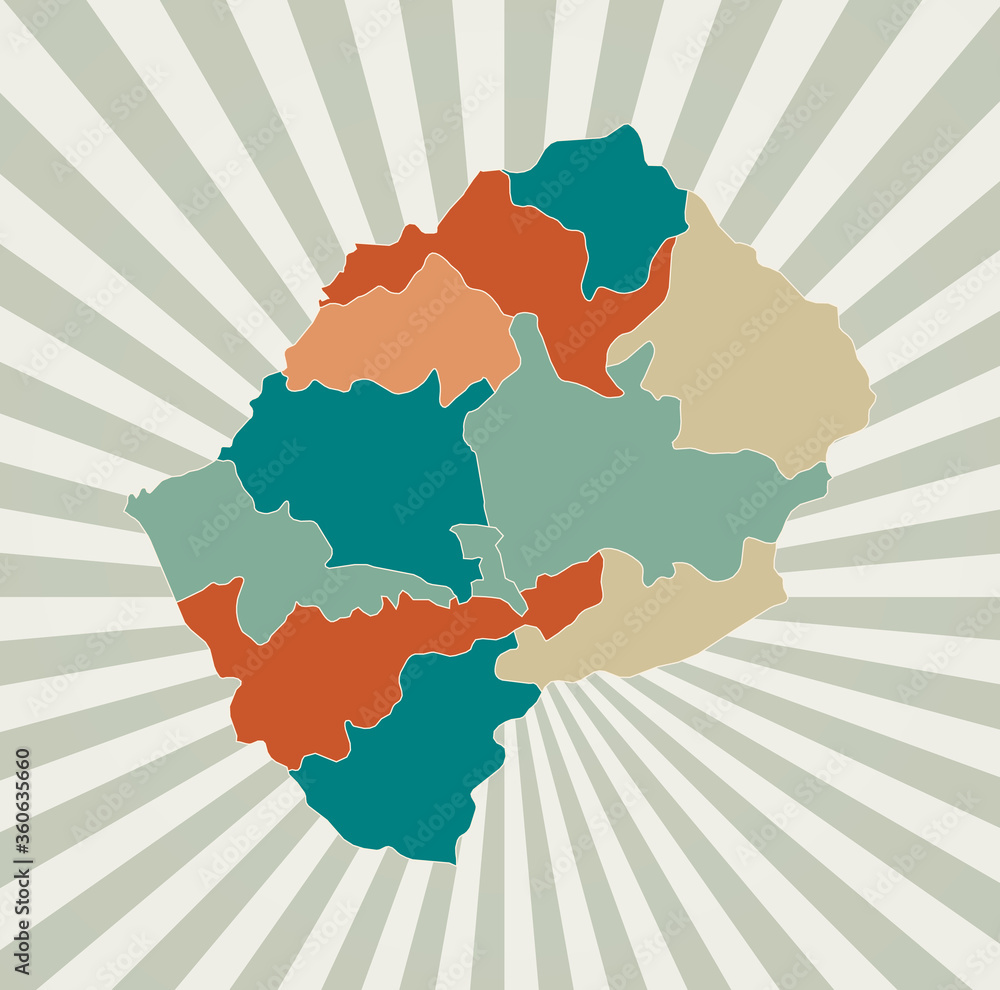 Poster lesotho map. poster with map of the country in retro color palette. shape of lesotho with sunburst r