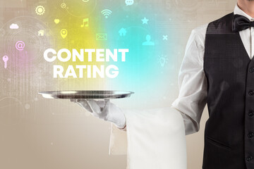 Waiter serving social networking with CONTENT RATING inscription, new media concept