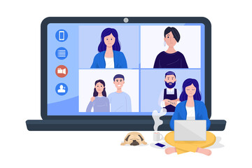 Video conference concept, A woman having online group videoconference on laptop