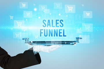 Waiter serving SALES FUNNEL inscription, online shopping concept