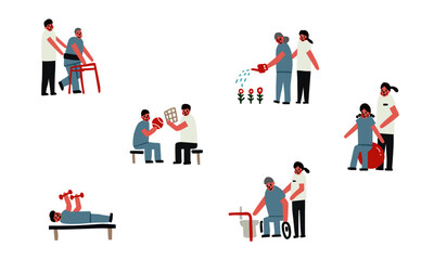 rehabilitation activities in disability people doodle cartoon set