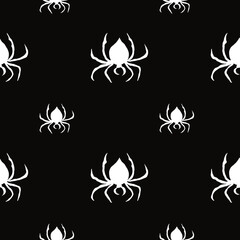 Watercolor illustration seamless pattern with hanging white spiders for decoration and covering on a black background. Creepy background for Halloween