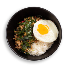 Stir fried minced pork and basil with fried egg on white background.