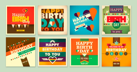 Set of colorful birthday cards in modern and retro style design. Vector illustration.